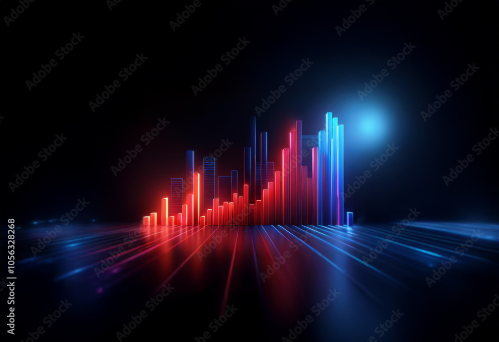 Abstract graphic of red and blue neon lights resembling a cityscape with a glowing light in the distance. Abstract graphic of red and blue neon lights resembling a cityscape with a glowing light in the distance.