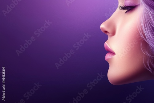 A woman's face is shown on a purple background