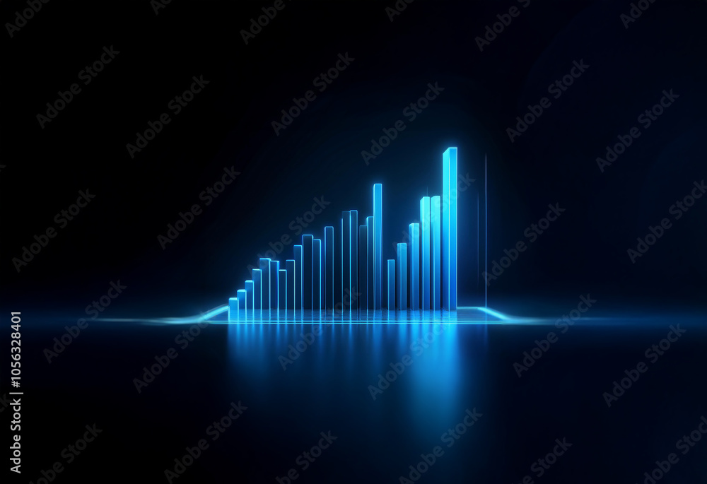Fototapeta premium A glowing blue bar graph rises on a dark background with reflection.