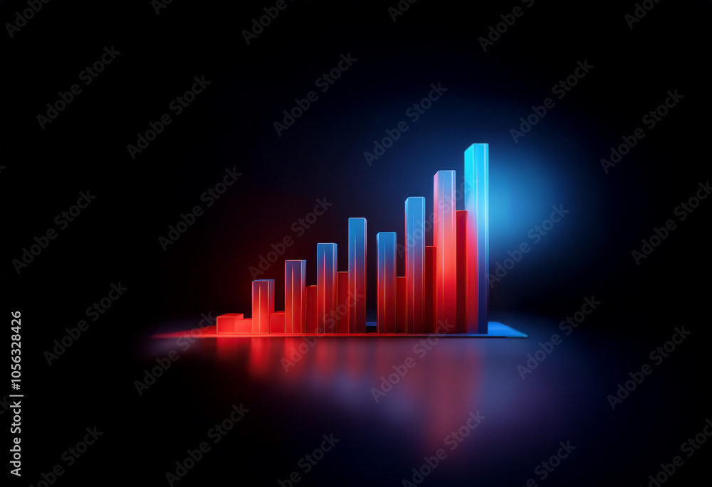 A neon bar graph ascends in a dark setting, showcasing a strong upward trend. A neon bar graph ascends in a dark setting, showcasing a strong upward trend.
