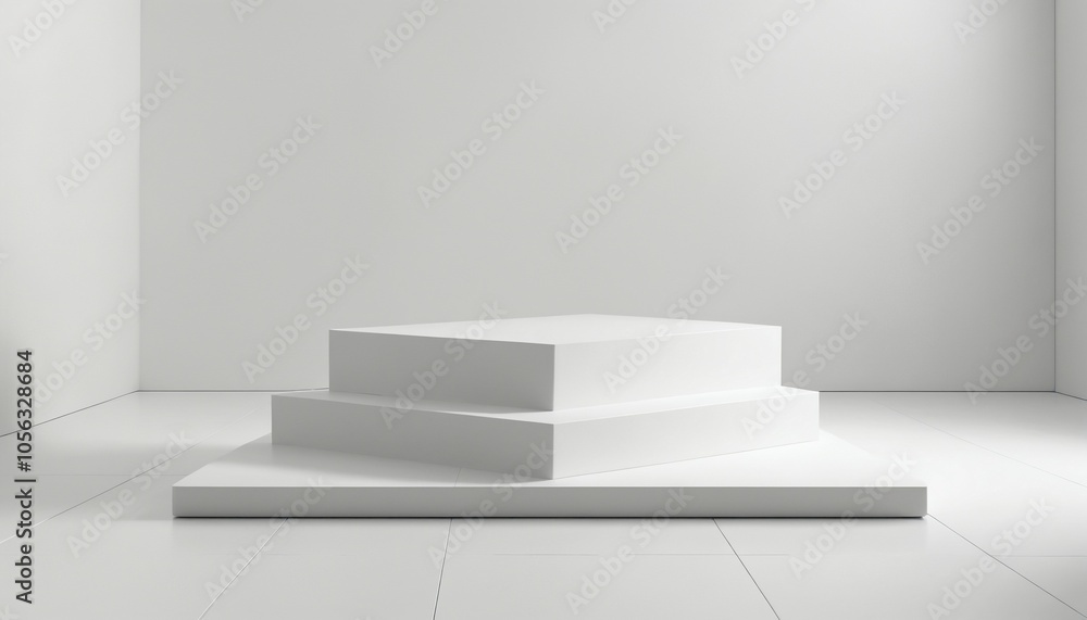 Minimalist white podium with sharp edges, placed on a textured white floor, creating a contrast with the smooth platform Minimalist white podium with sharp edges, placed on a textured white floor, creating a contrast with the smooth platform