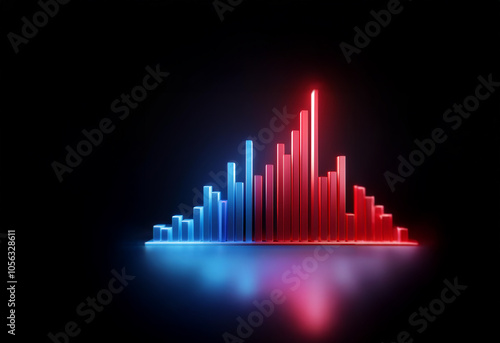 Red and blue neon bars rise and fall in a dark background.