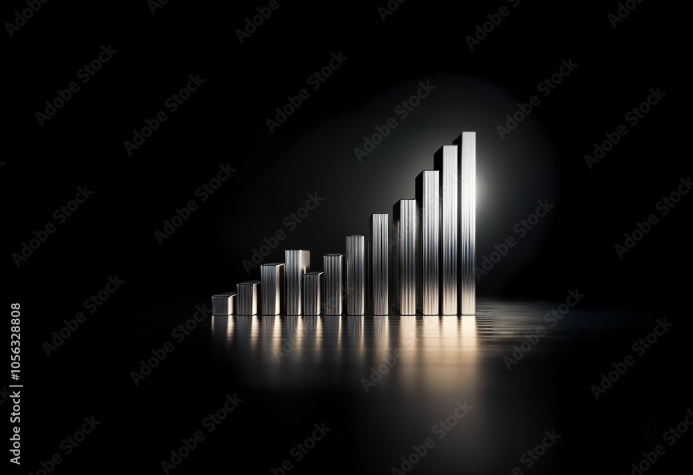 A silver bar graph ascends on a dark background, with the highest bar illuminated by a spotlight. A silver bar graph ascends on a dark background, with the highest bar illuminated by a spotlight.