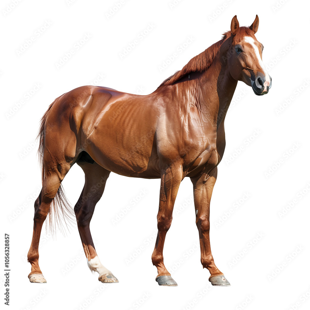 Naklejka premium A Majestic Brown Stallion in Full Elegance – Horse Standing Tall and Isolated on Transparent Background in PNG Format