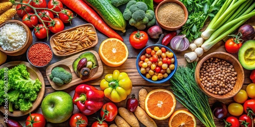 A Vibrant Display of Fresh Produce, Including Tomatoes, Oranges, Green Onions, and More, Arranged on a Rustic Wooden Surface