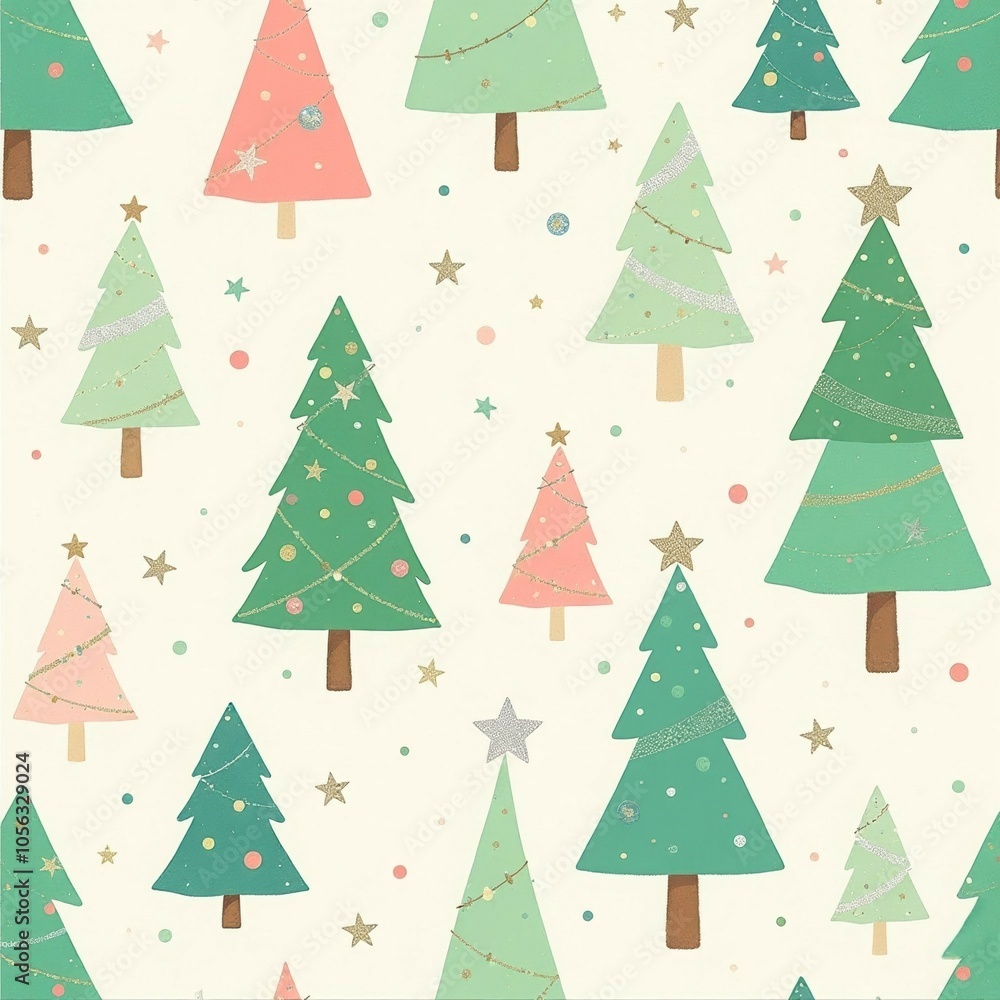 charming whimsical pattern of Christmas trees in pastel green mint and pink colors, decorated with gold silver stars and garlands, cream background, simple minimalistic style.wrapping paper concept. charming whimsical pattern of Christmas trees in pastel green mint and pink colors, decorated with gold silver stars and garlands, cream background, simple minimalistic style.wrapping paper concept.