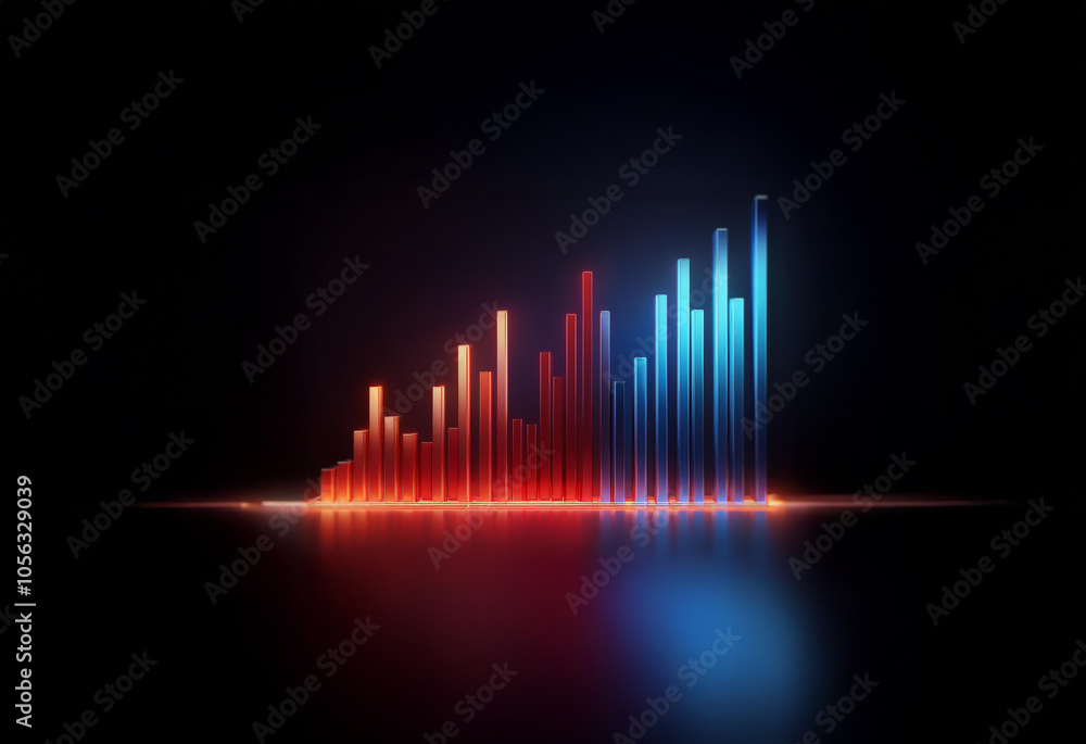 An abstract illustration of glowing red and blue bars rising in a dark background. An abstract illustration of glowing red and blue bars rising in a dark background.