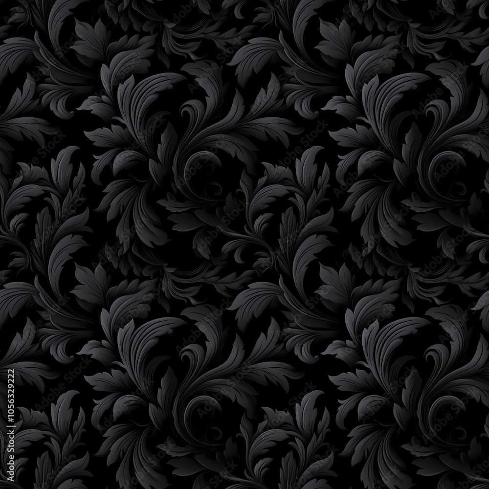 Elegant Black Damask Seamless Digital Paper - Gothic Floral Pattern for Luxury Designs