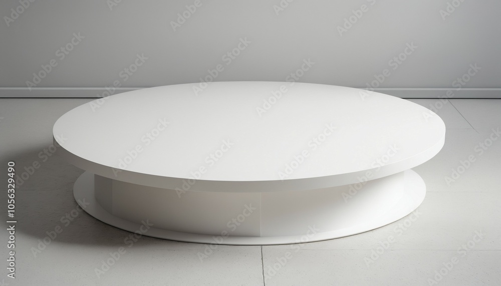 Rounded white podium with a sleek, satin finish, set on a textured floor to highlight its smooth surface Rounded white podium with a sleek, satin finish, set on a textured floor to highlight its smooth surface