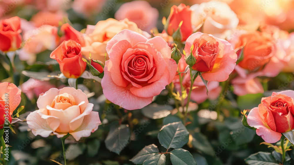 A vibrant garden of blooming roses in soft pink and peach hues during a warm afternoon in springtime A vibrant garden of blooming roses in soft pink and peach hues during a warm afternoon in springtime