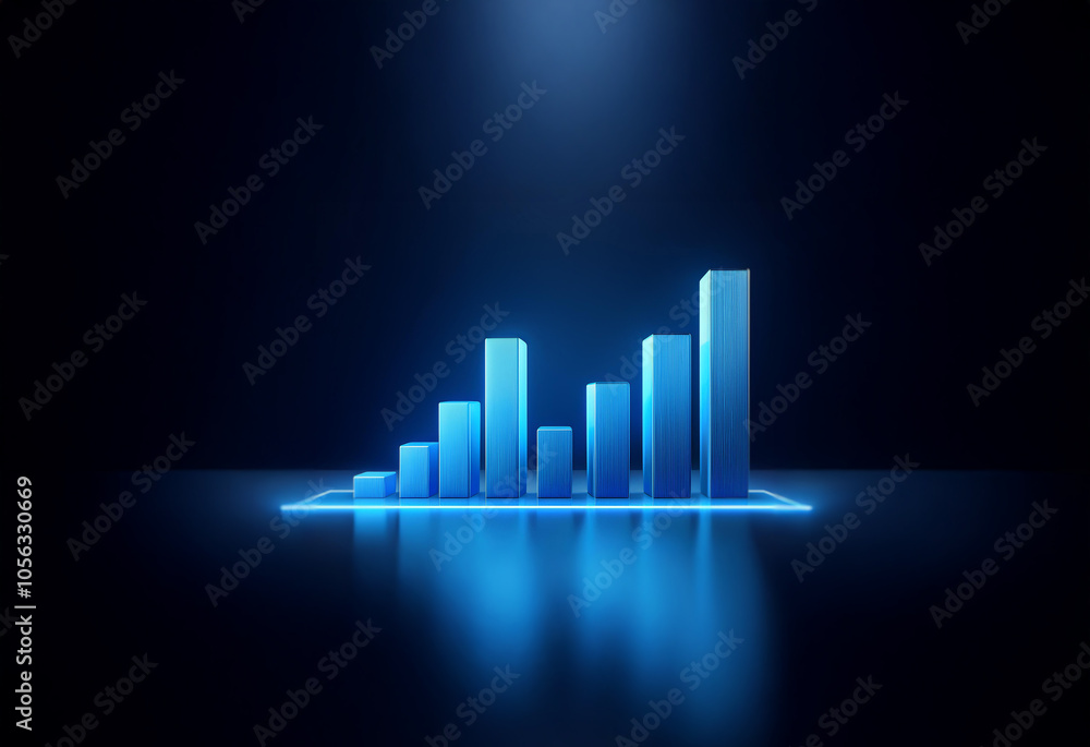 A blue, 3D bar graph ascends on a dark, reflective surface illuminated by a single spotlight.