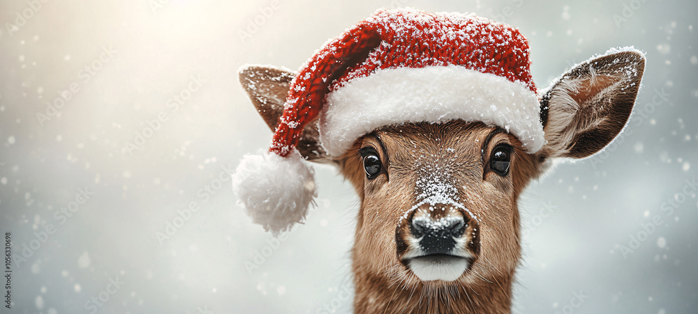A charming reindeer in a festive Santa hat, perfect for Christmas cards, holiday promotions, and winter greetings that evoke joy and warmth. A charming reindeer in a festive Santa hat, perfect for Christmas cards, holiday promotions, and winter greetings that evoke joy and warmth.