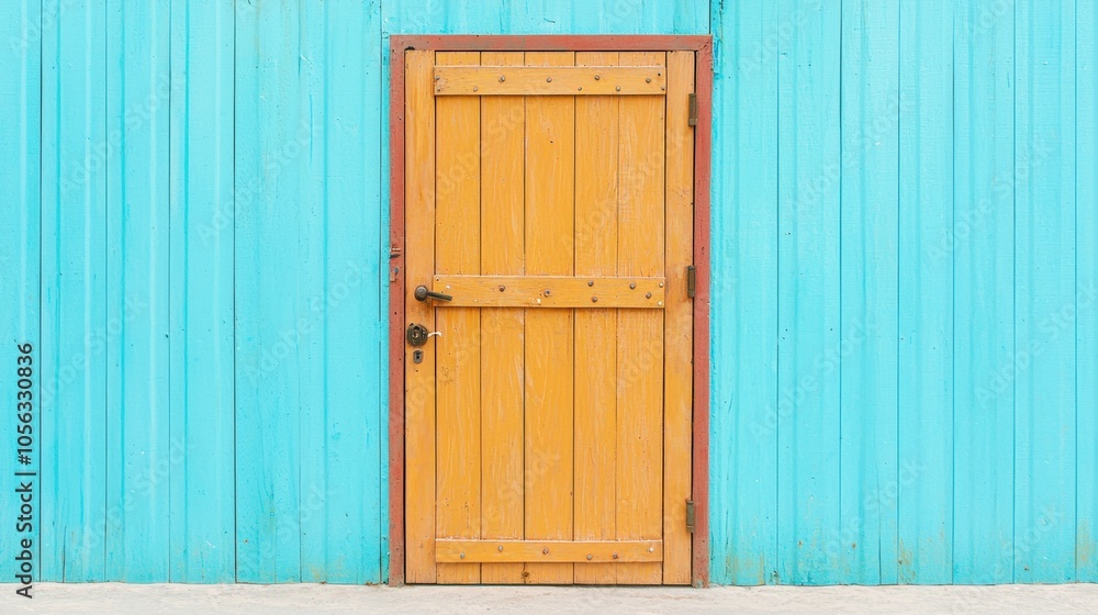 A rustic wooden door against a vibrant turquoise wall inviting curiosity in a serene outdoor setting A rustic wooden door against a vibrant turquoise wall inviting curiosity in a serene outdoor setting