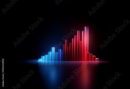 A black background with a blue and red glowing bar graph. The bars rise in a diagonal line, indicating upward growth, with a reflection on the dark floor.