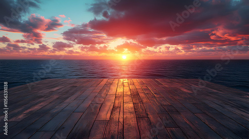 Sunset Over The Ocean with Wooden Deck - Illustration