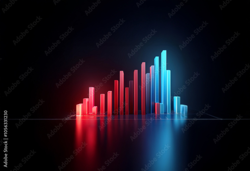 A 3D rendering of a neon bar graph with red and blue bars rising in a dark space. A 3D rendering of a neon bar graph with red and blue bars rising in a dark space.