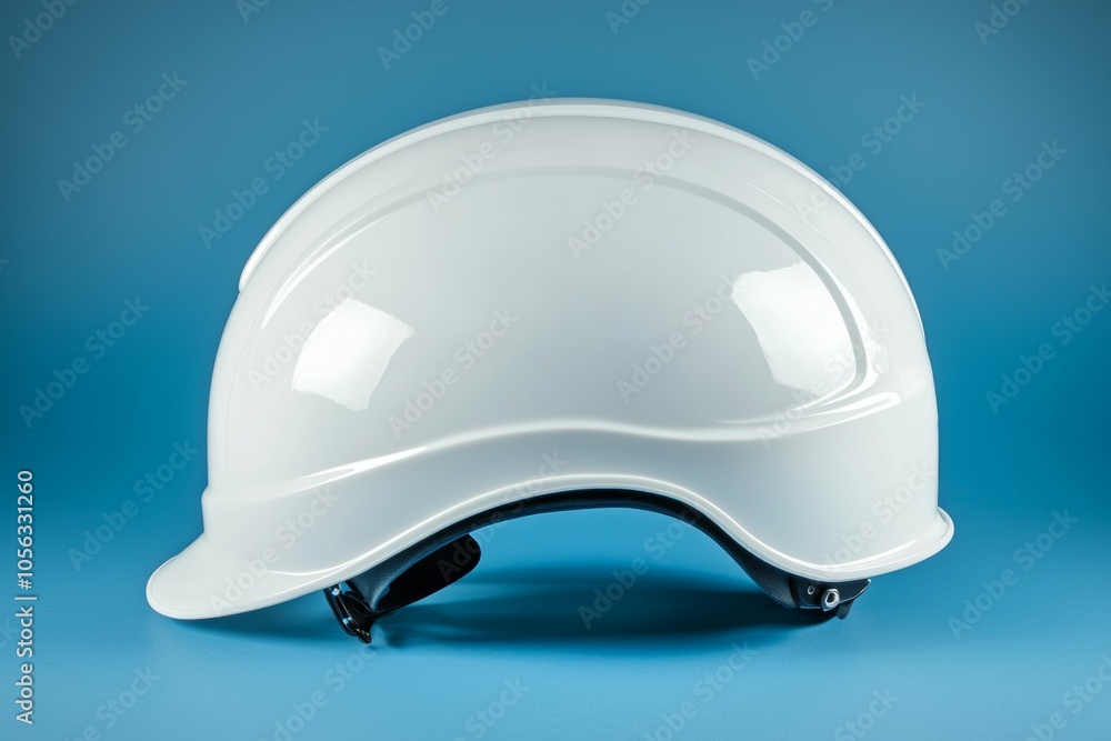 A white hard hat is sitting on a blue surface A white hard hat is sitting on a blue surface