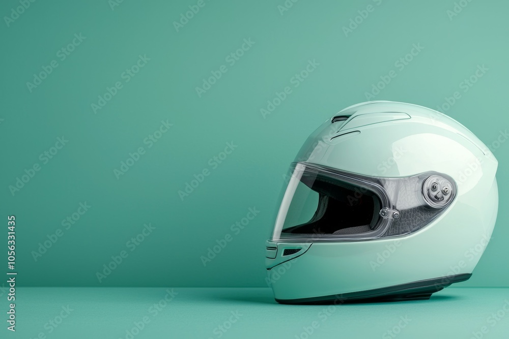 A white motorcycle helmet sits on a green background A white motorcycle helmet sits on a green background