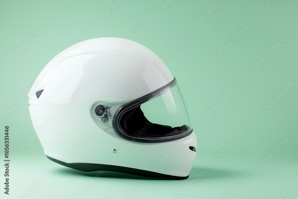 A white motorcycle helmet sits on a green background A white motorcycle helmet sits on a green background