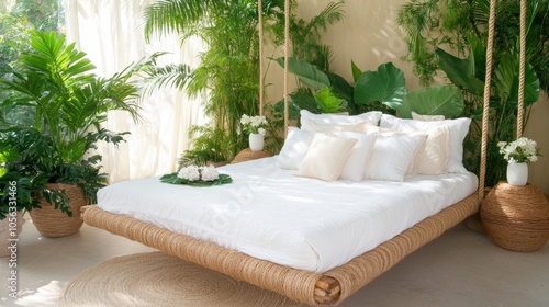 A cozy swing bed adorned with white pillows sits in a lush indoor garden surrounded by vibrant green plants on a sunny day photo