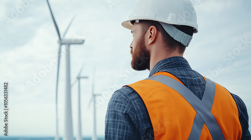 A construction worker in a safety vest and hard hat examines wind turbines at an energy site, symbolizing renewable technology and progress.