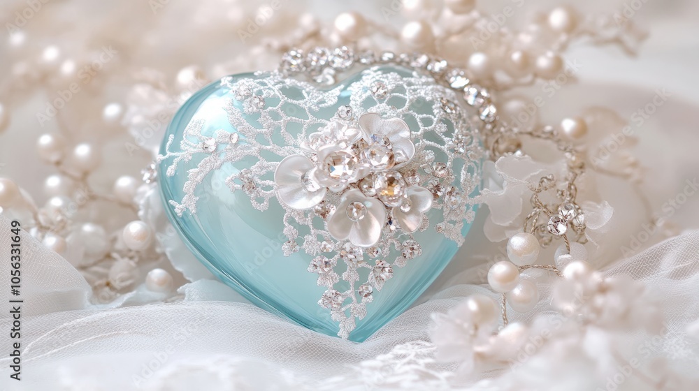 Delicate heart-shaped glass container adorned with lace and flowers resting among pearls on soft fabric Delicate heart-shaped glass container adorned with lace and flowers resting among pearls on soft fabric