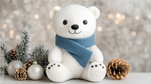 Cute winter-themed polar bear plush with a blue scarf surrounded by decorative pine cones and ornaments