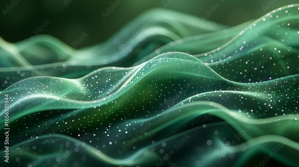 Abstract 3D Background with Green Wavy Lines and Sparkling Particles Abstract 3D Background with Green Wavy Lines and Sparkling Particles
