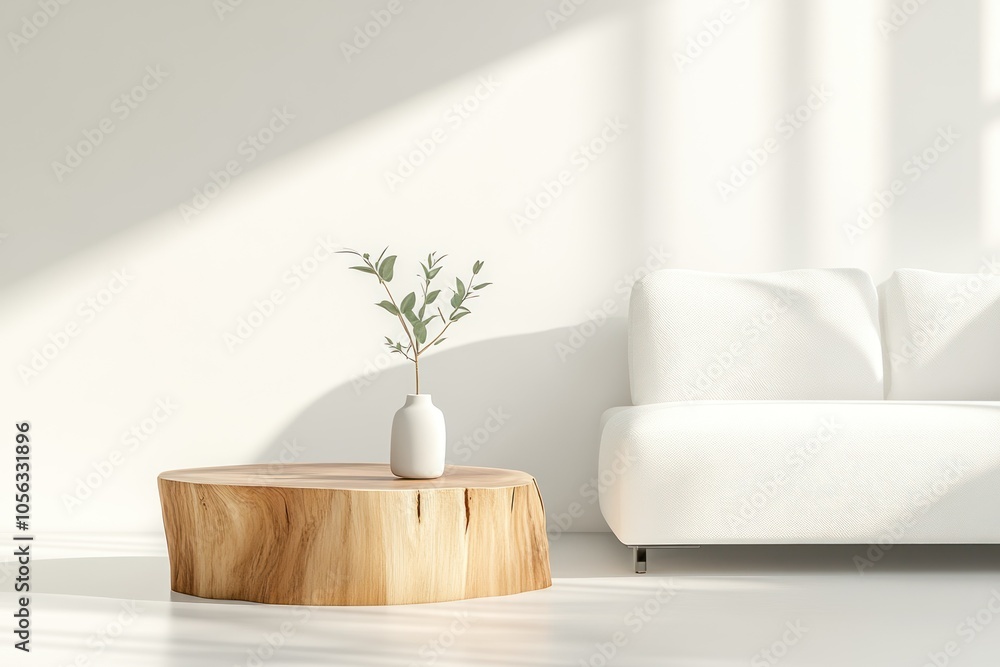 Natural Charm: Live Edge Tree Stump Coffee Table in Scandinavian Living Room with White Sofa Natural Charm: Live Edge Tree Stump Coffee Table in Scandinavian Living Room with White Sofa