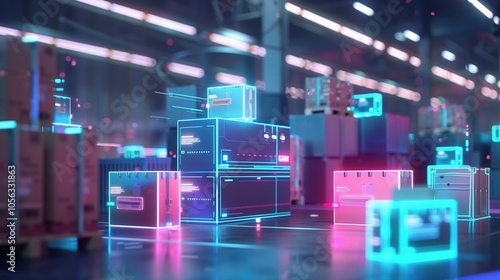 Futuristic Warehouse with Neon-Lit Packages and Digital Displays