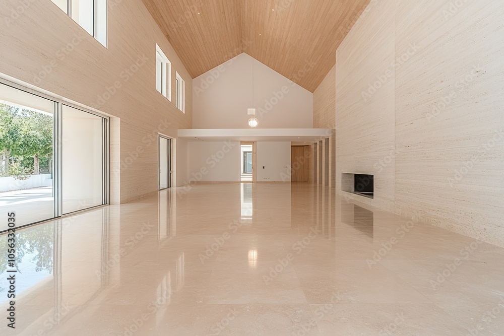 Contemporary Villa Living Room with Wooden Paneling and Concrete Walls Contemporary Villa Living Room with Wooden Paneling and Concrete Walls