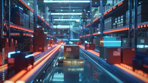 Automated Conveyor System in a Modern Warehouse with Red and Blue Lighting