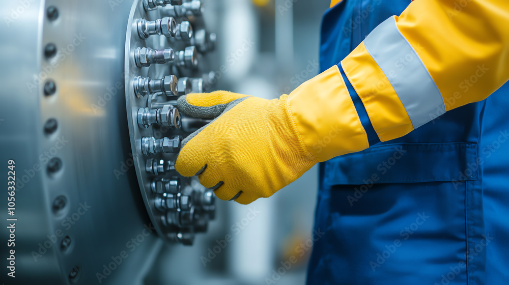 Close-up of an industrial worker in a blue uniform and yellow gloves operating machinery, showcasing precision and safety in a manufacturing environment. Close-up of an industrial worker in a blue uniform and yellow gloves operating machinery, showcasing precision and safety in a manufacturing environment.
