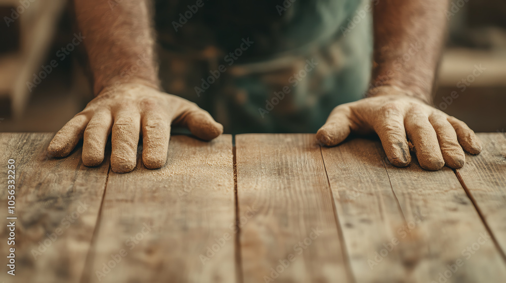 Close-up of a worker's hands resting on a wooden workbench, showcasing the texture of the wood and the labor involved in craftsmanship. Close-up of a worker's hands resting on a wooden workbench, showcasing the texture of the wood and the labor involved in craftsmanship.