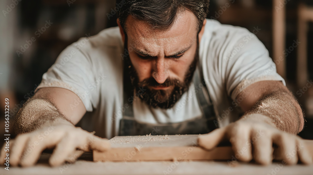 Concentrated carpenter working diligently on a wooden project in a workshop, surrounded by tools and wood shavings, showcasing craftsmanship. Concentrated carpenter working diligently on a wooden project in a workshop, surrounded by tools and wood shavings, showcasing craftsmanship.