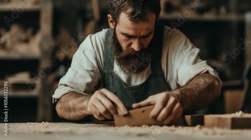 Craftsman working diligently on wood, focusing on details, surrounded by tools and wood shavings in a workshop environment.