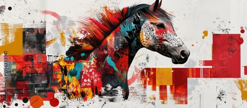 Fototapeta Naklejka Na Ścianę i Meble -  Colorful abstract painting of a horse's head with geometric patterns.