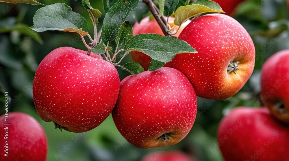 Obraz premium Fresh red apples hanging on a tree branch in an orchard during late summer, ready for harvest and picking by visitors