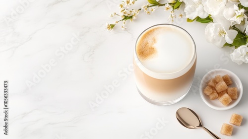 Delicate latte art served in a glass alongside brown sugar cubes and white blossoms on a marble tabletop in soft lighting