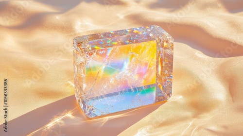 Colorful light refracts through a crystal block resting on a sandy surface with gentle waves in the background during golden hour