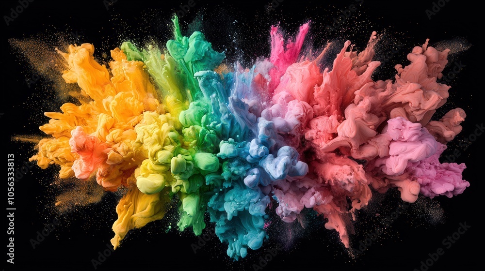 Vibrant cloud of colorful powder bursts into the air against a black background, showcasing an explosion of hues and textures Vibrant cloud of colorful powder bursts into the air against a black background, showcasing an explosion of hues and textures