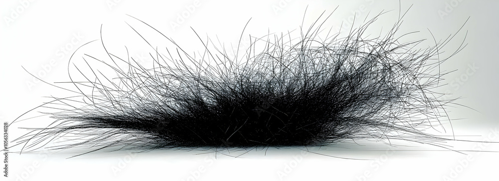 A mass of black hair or fur, appearing as a textured, organic mound against a light background. A mass of black hair or fur, appearing as a textured, organic mound against a light background.
