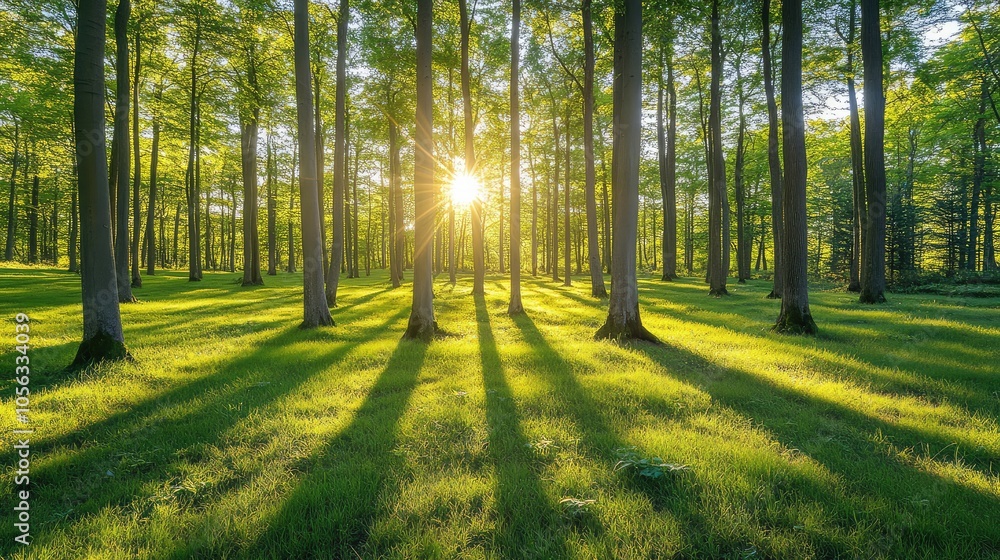 Serene Sunlight Through Forest Trees
