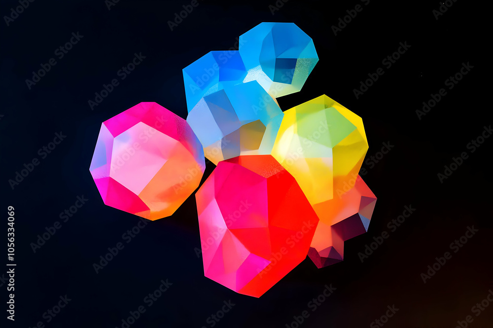 A vibrant arrangement of colorful geometric shapes against a dark background. A vibrant arrangement of colorful geometric shapes against a dark background.