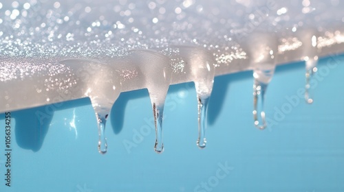 Water droplets glisten and fall from the edge of a white pool cover during a sunny afternoon in a backyard setting photo