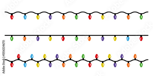 Set of Christmas lights border in flat style. Vector design of colorful string lightbulb garland.  Winter holiday decorative element for xmas cards, invitations, banners, posters