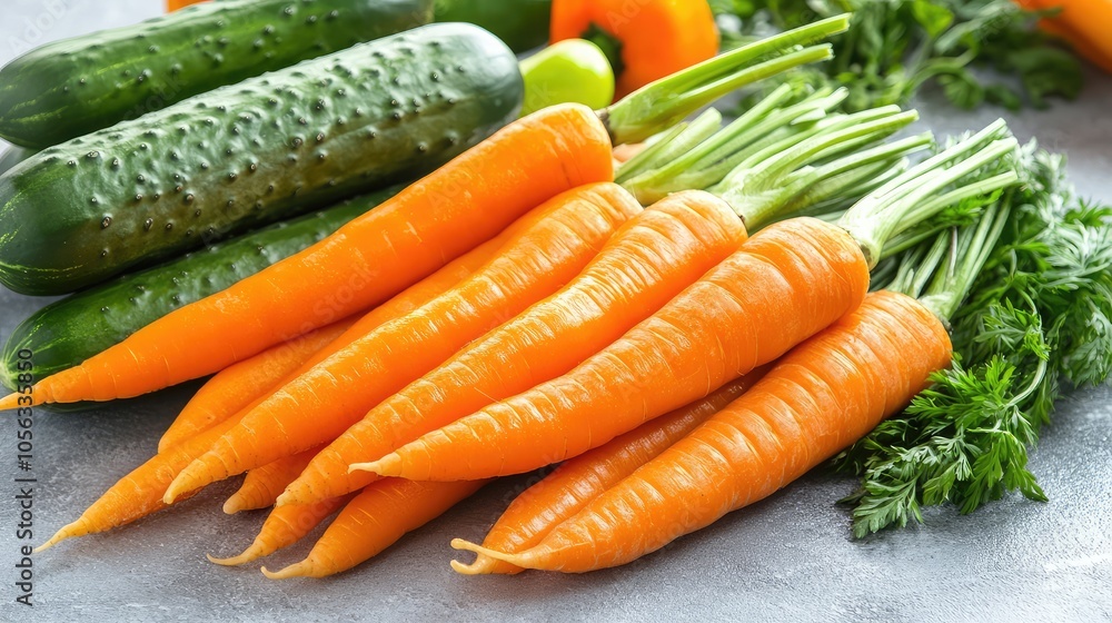 Fresh Carrots and Cucumbers on Gray Tabletop Fresh Carrots and Cucumbers on Gray Tabletop
