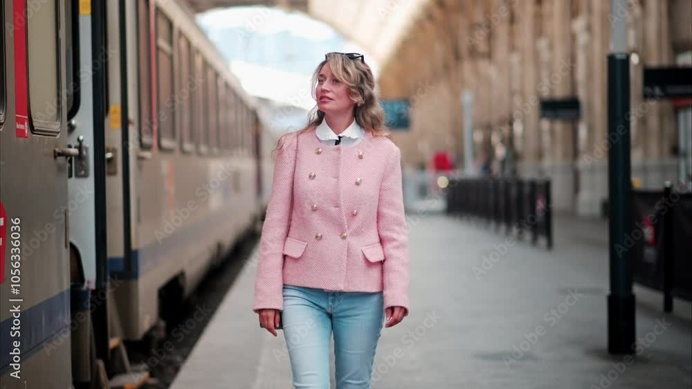 Woman in a pink blazer walking through the Nice train station in France Woman in a pink blazer walking through the Nice train station in France