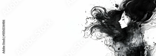 A monochromatic illustration depicting a serene profile surrounded by flowing ink-like elements.