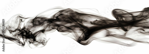 Abstract black smoke swirling gracefully against a white background.